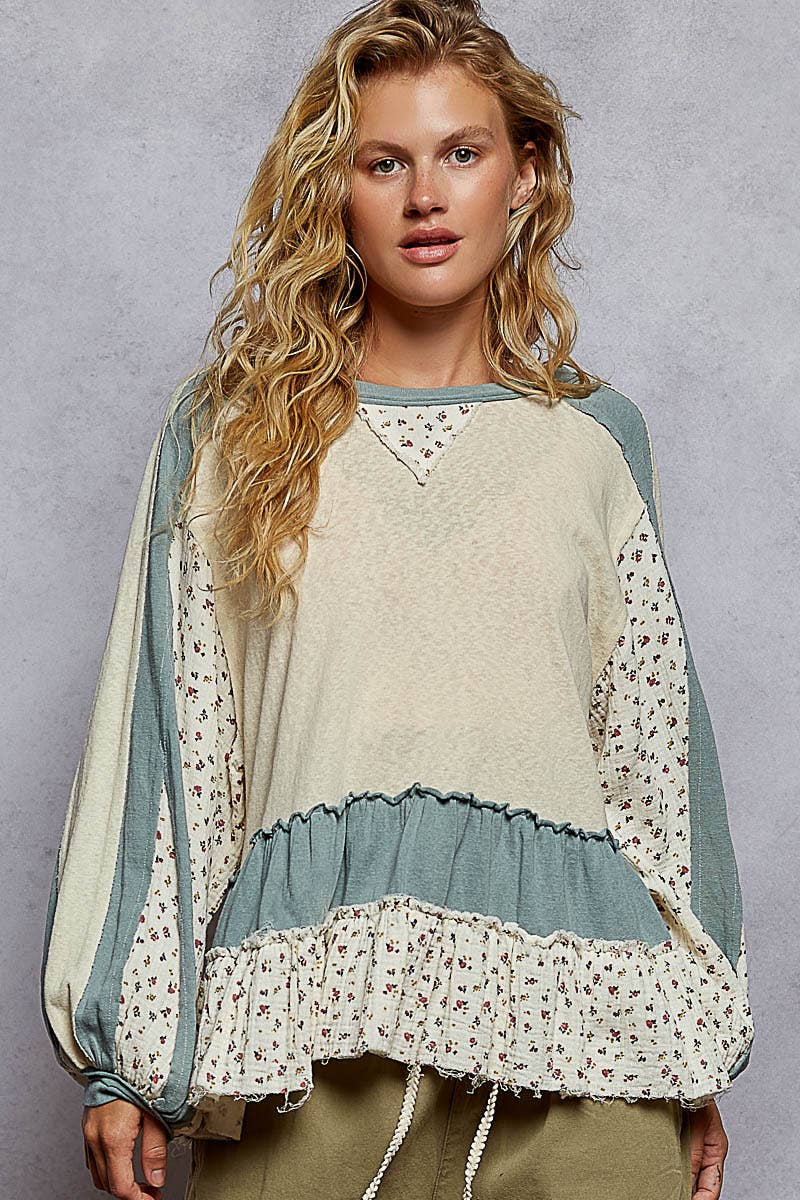 Round neck long sleeve double gauze ruffle solid top: CREAM / M