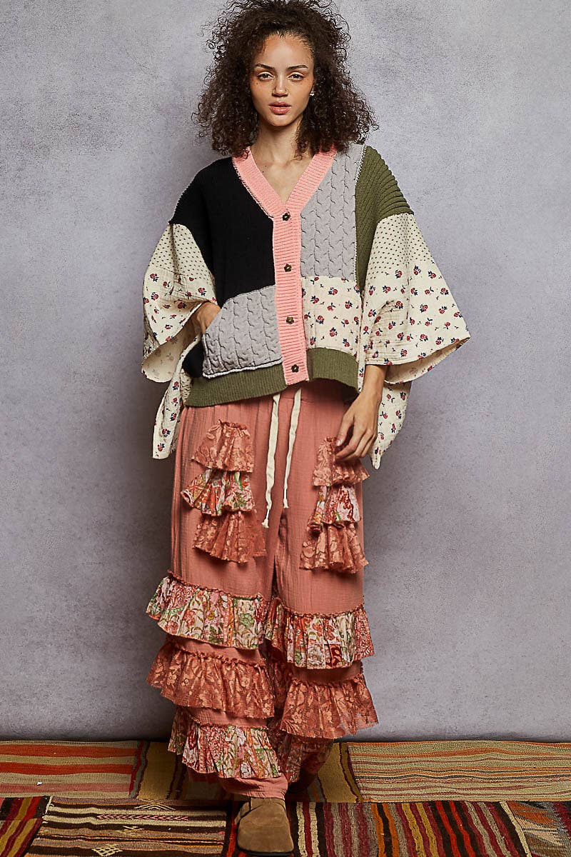 V neck gauze mixes floral chenille sweater cardigan: CHOCO MULTI / M