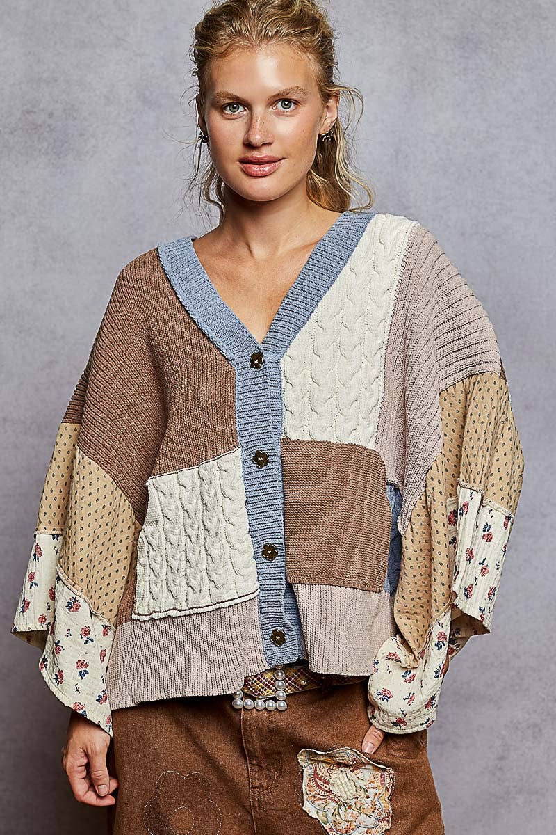 V neck gauze mixes floral chenille sweater cardigan: CHOCO MULTI / S