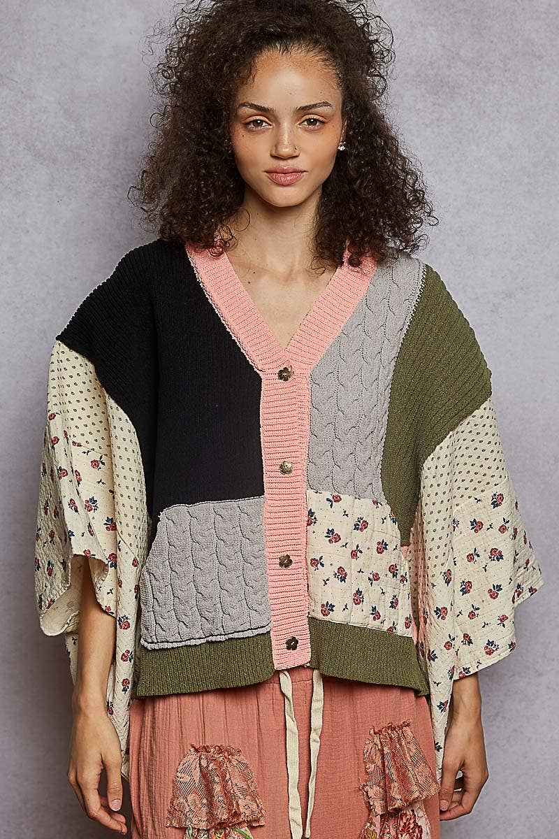 V neck gauze mixes floral chenille sweater cardigan: CHOCO MULTI / M
