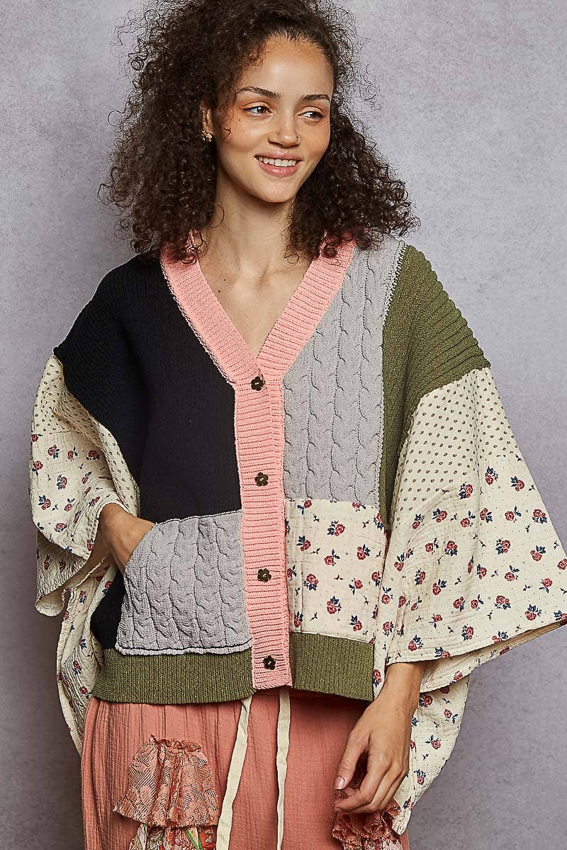 V neck gauze mixes floral chenille sweater cardigan: CHOCO MULTI / M