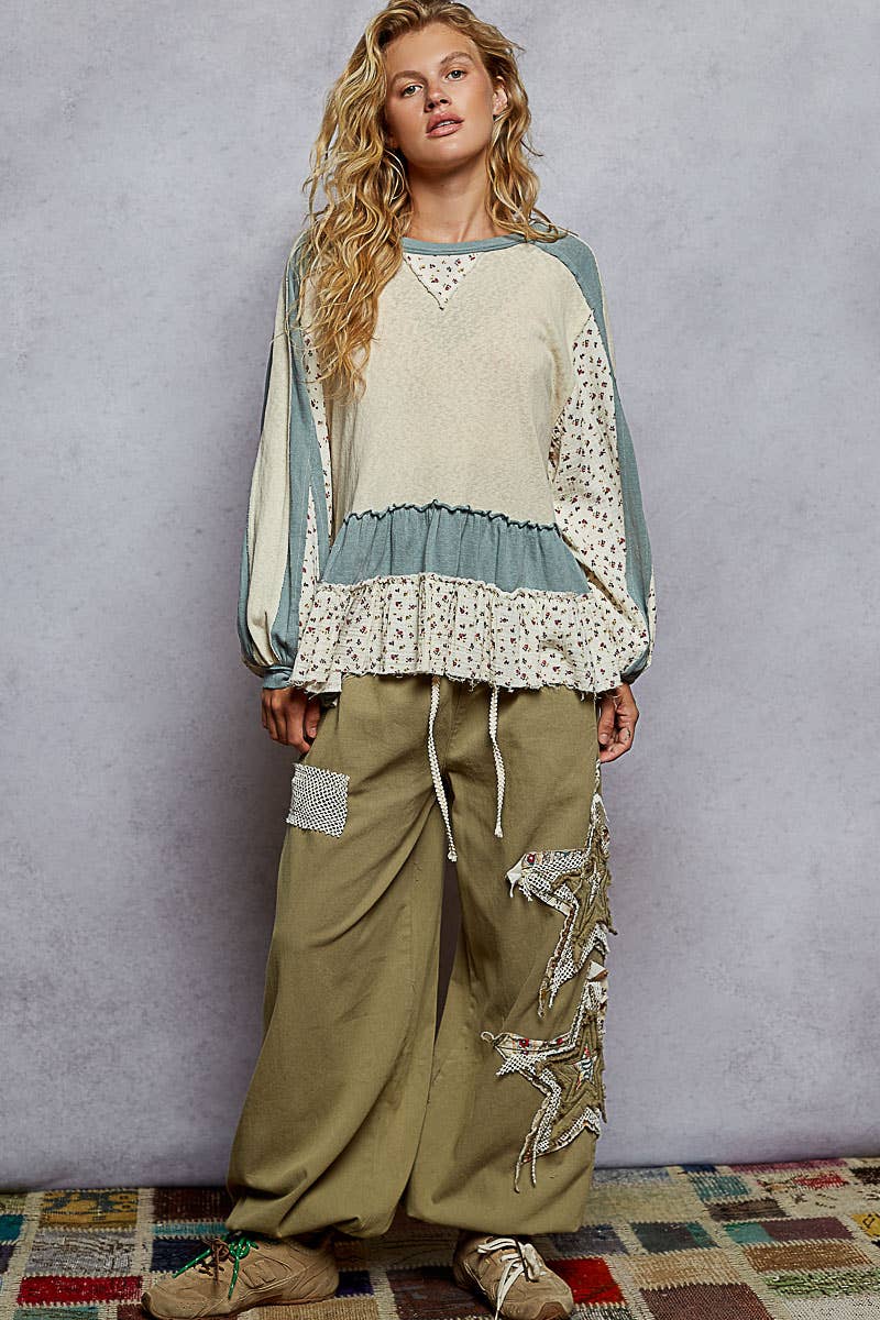 Round neck long sleeve double gauze ruffle solid top: CREAM / M