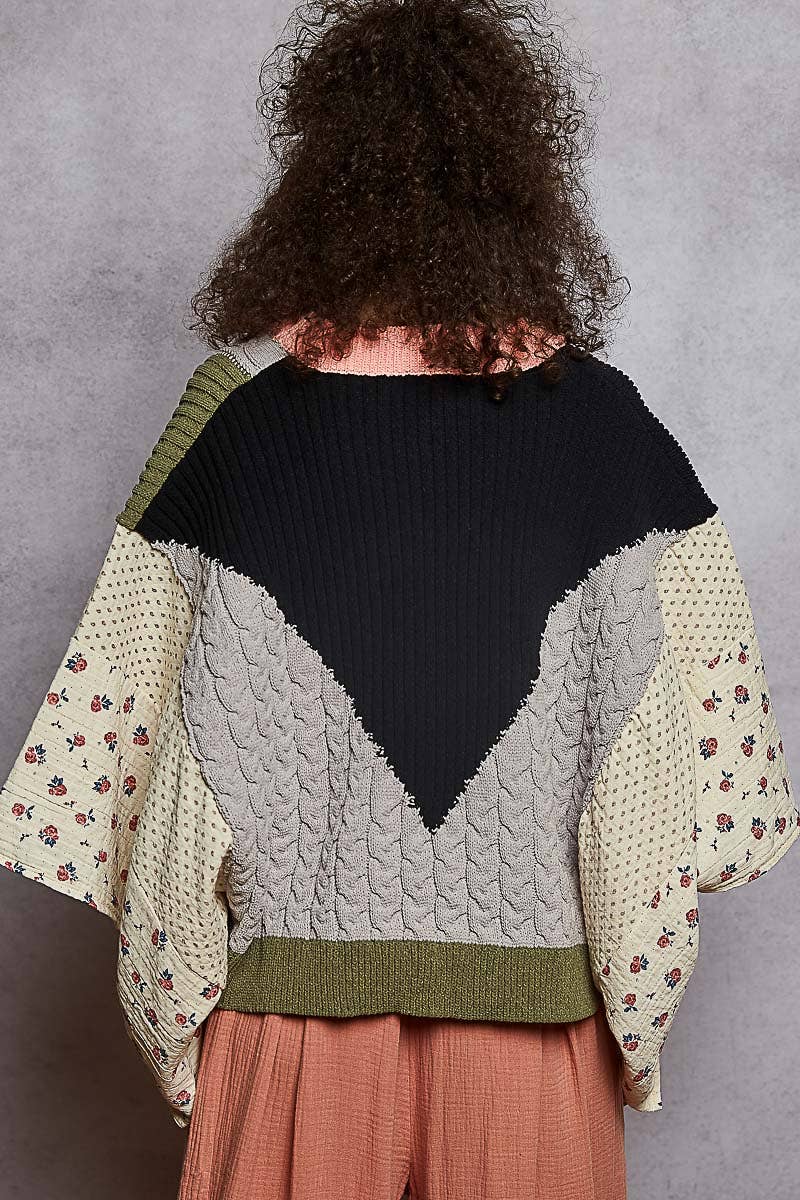 V neck gauze mixes floral chenille sweater cardigan: CHOCO MULTI / M