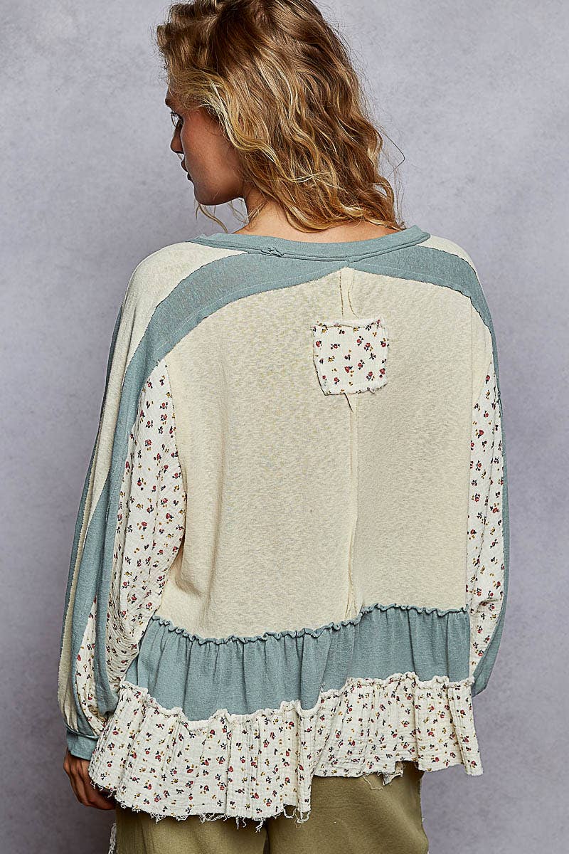 Round neck long sleeve double gauze ruffle solid top: CREAM / S