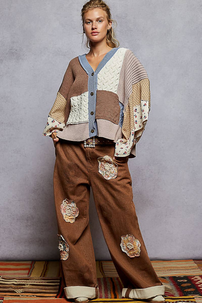 V neck gauze mixes floral chenille sweater cardigan: CHOCO MULTI / L