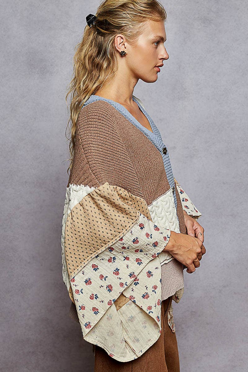 V neck gauze mixes floral chenille sweater cardigan: CHOCO MULTI / S