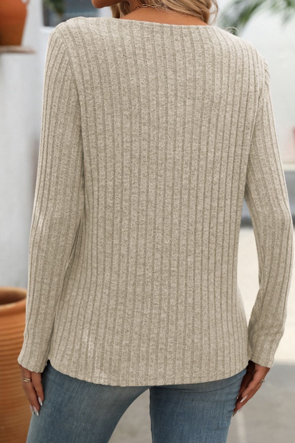 Ribbed V-Neck Long Sleeve T-Shirt