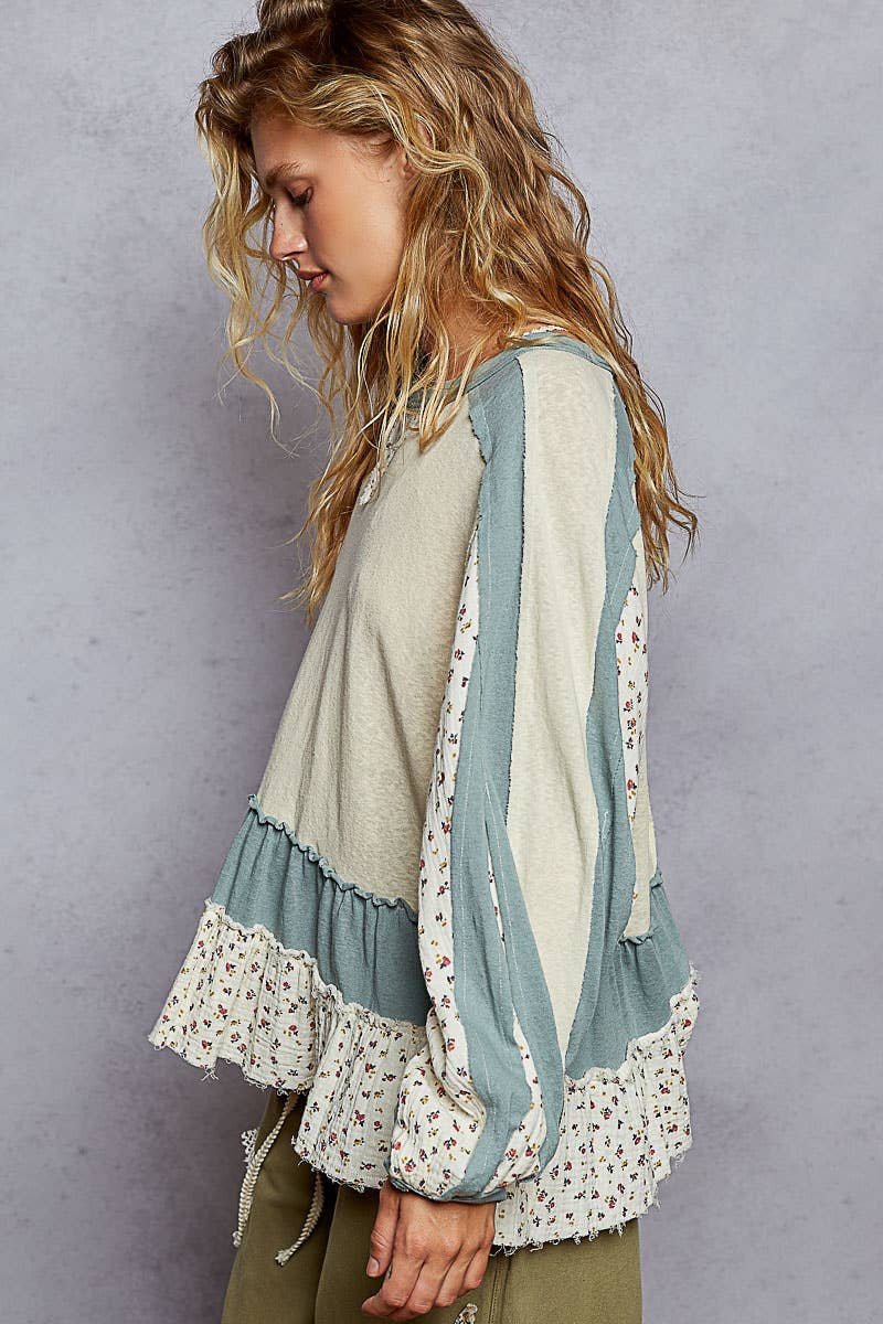 Round neck long sleeve double gauze ruffle solid top: CREAM / M