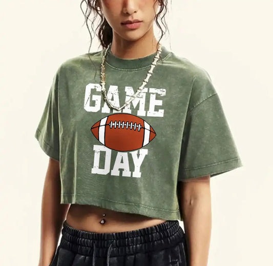 Game Day Rugby Letter Graphic Print Female T-Shirts Washed Fitness Crop Top