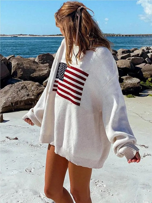 2024 New Women Flag Pattern Sweaters Loose Warm Sweaters Long Sleeve Round