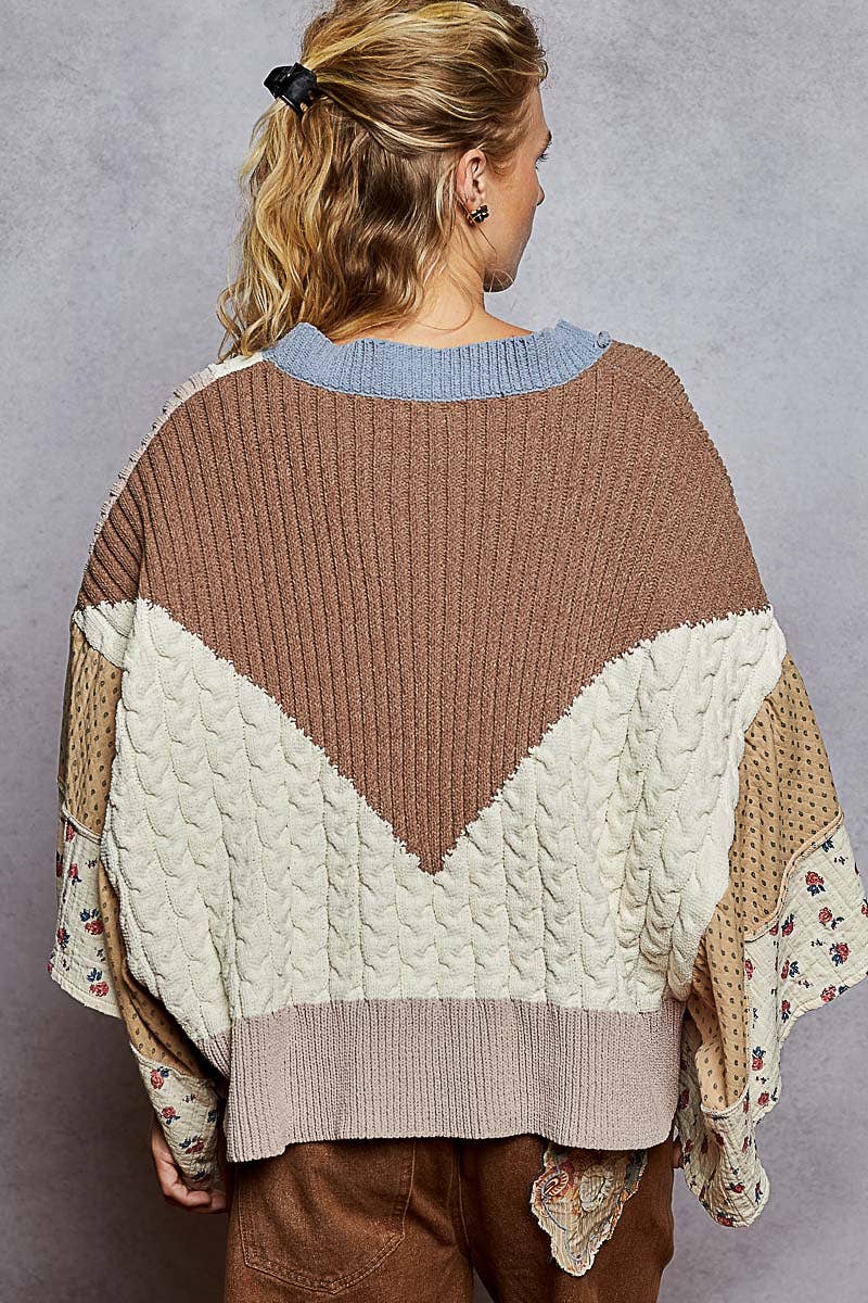 V neck gauze mixes floral chenille sweater cardigan: CHOCO MULTI / S