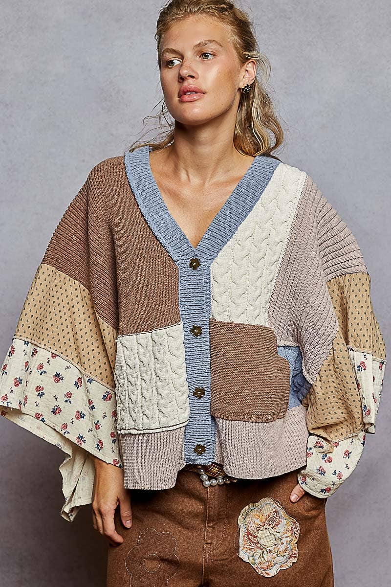V neck gauze mixes floral chenille sweater cardigan: CHOCO MULTI / L