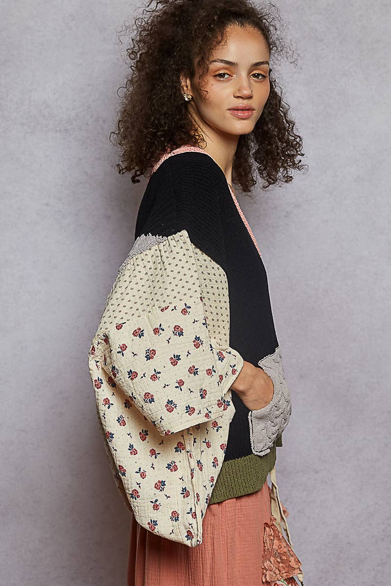 V neck gauze mixes floral chenille sweater cardigan: CHOCO MULTI / M